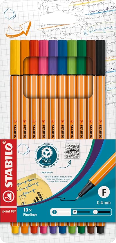 Stabilo point 88 Fineliner Pack of 10 Assorted Colours 0.4mm