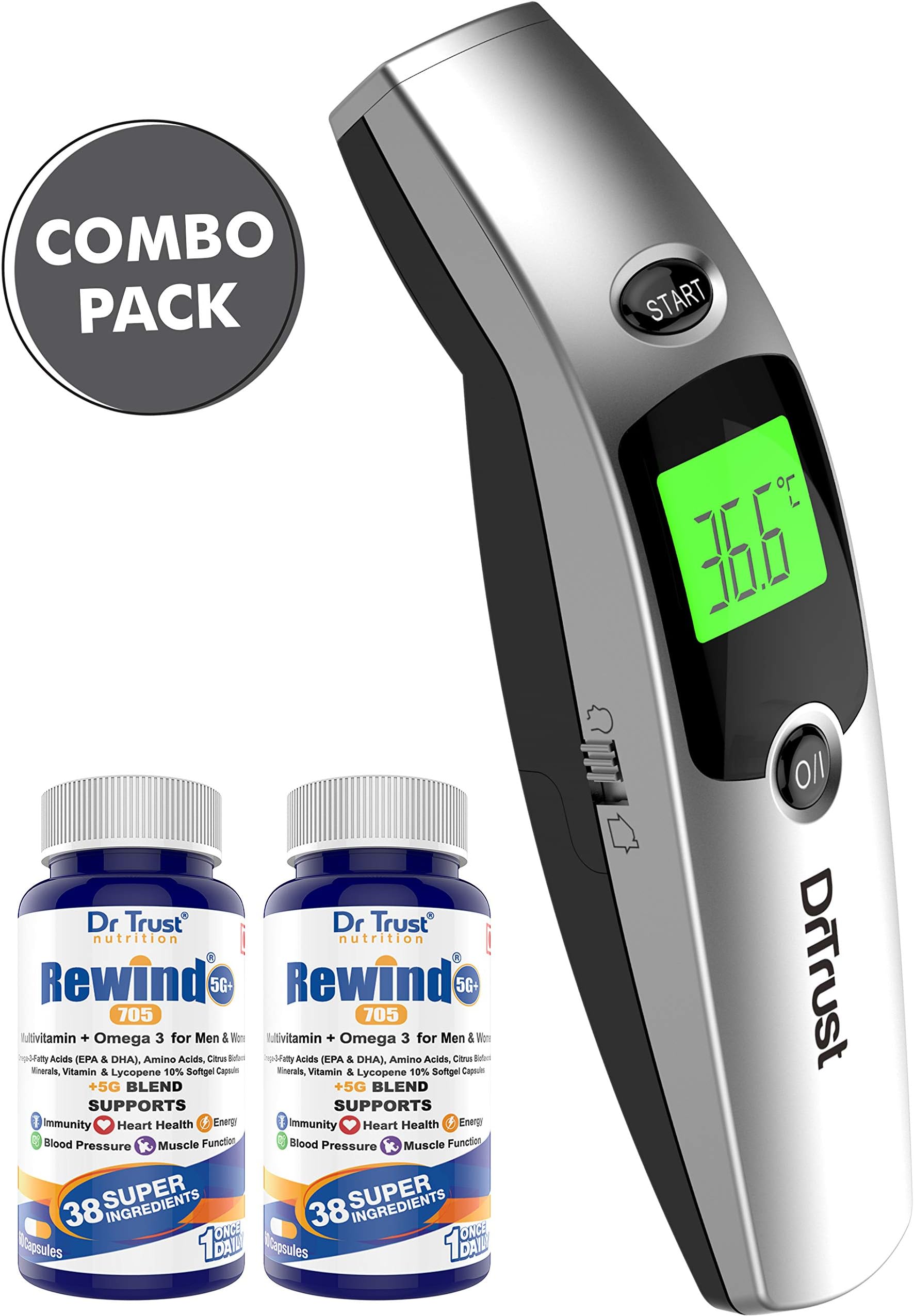 Dr Trust (USA) Clinical Digital Forehead Ear Infrared Temperature Thermometers and Rewind 5G plus Multivitamin + Omega 3, Vitamin & Minerals (Pack of 2)
