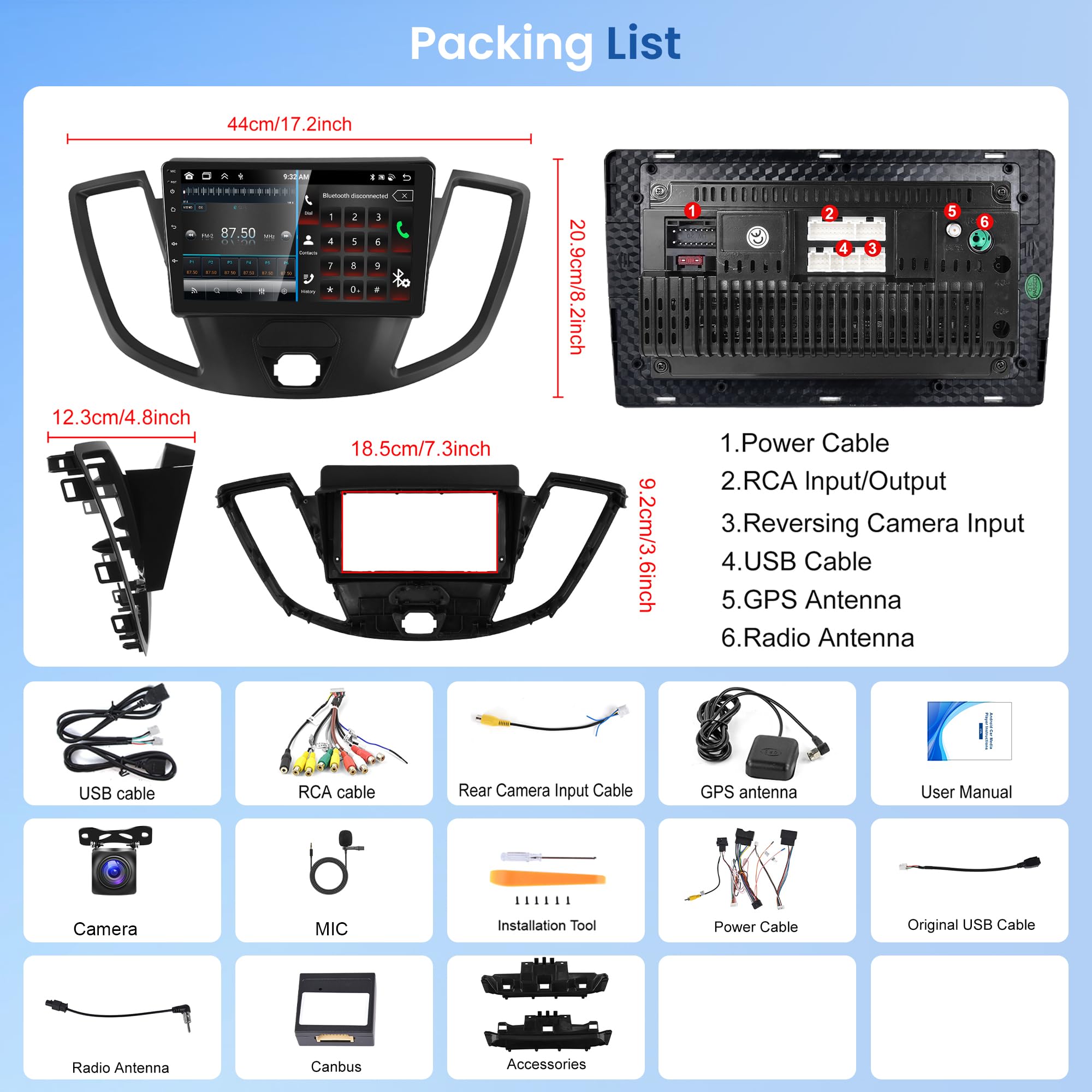 8 Core 4+64G Android 13 Car Radio Car Stereo for Ford Transit 2013-2019 with Wireless Carplay Android Auto, 9’’Touchscreen, WiFi, GPS Navigation,DSP, Mirror Link, Bluetooth, AHD Camera/FM RDS