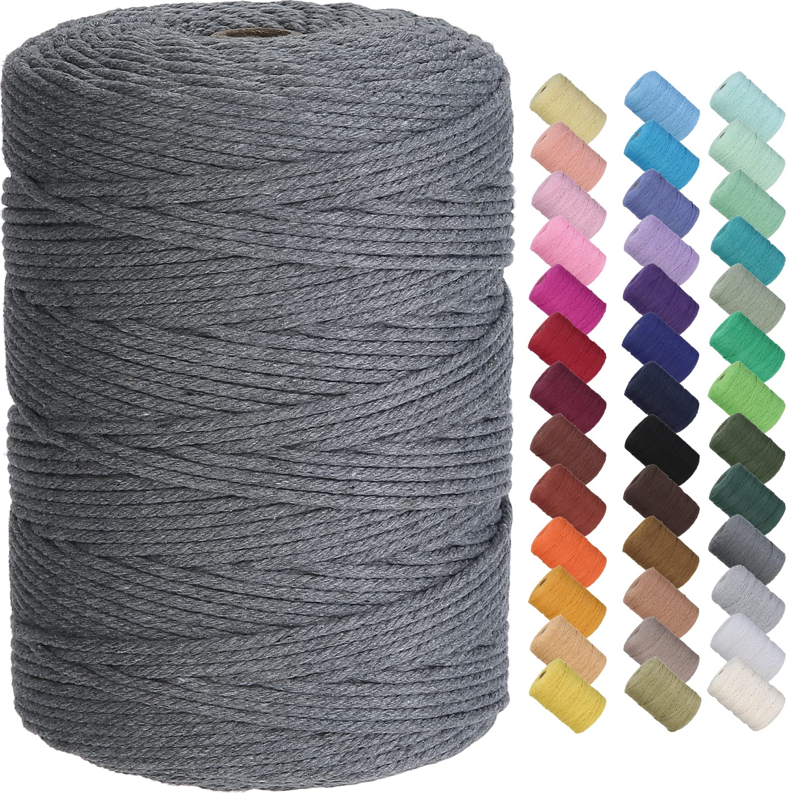 GOHOF Cotton Macrame Cord 3mm 300m Natural Colored Macrame Supplies, Soft Craft Cotton Rope for Plant Hanger Wall Hanger Dreamcatcher (Dark Grey)