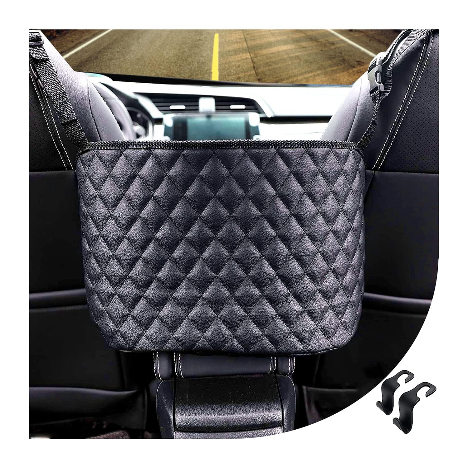 Photo 1 of Nanddi Car Net Pocket Handbag Holder Between Seats, Large Capacity Car Bag Purse Holder, with 2 Headrest Hooks, Heightened Front Railing, Leather Material, Reinforced Wiring, Rear Backseat Organizer