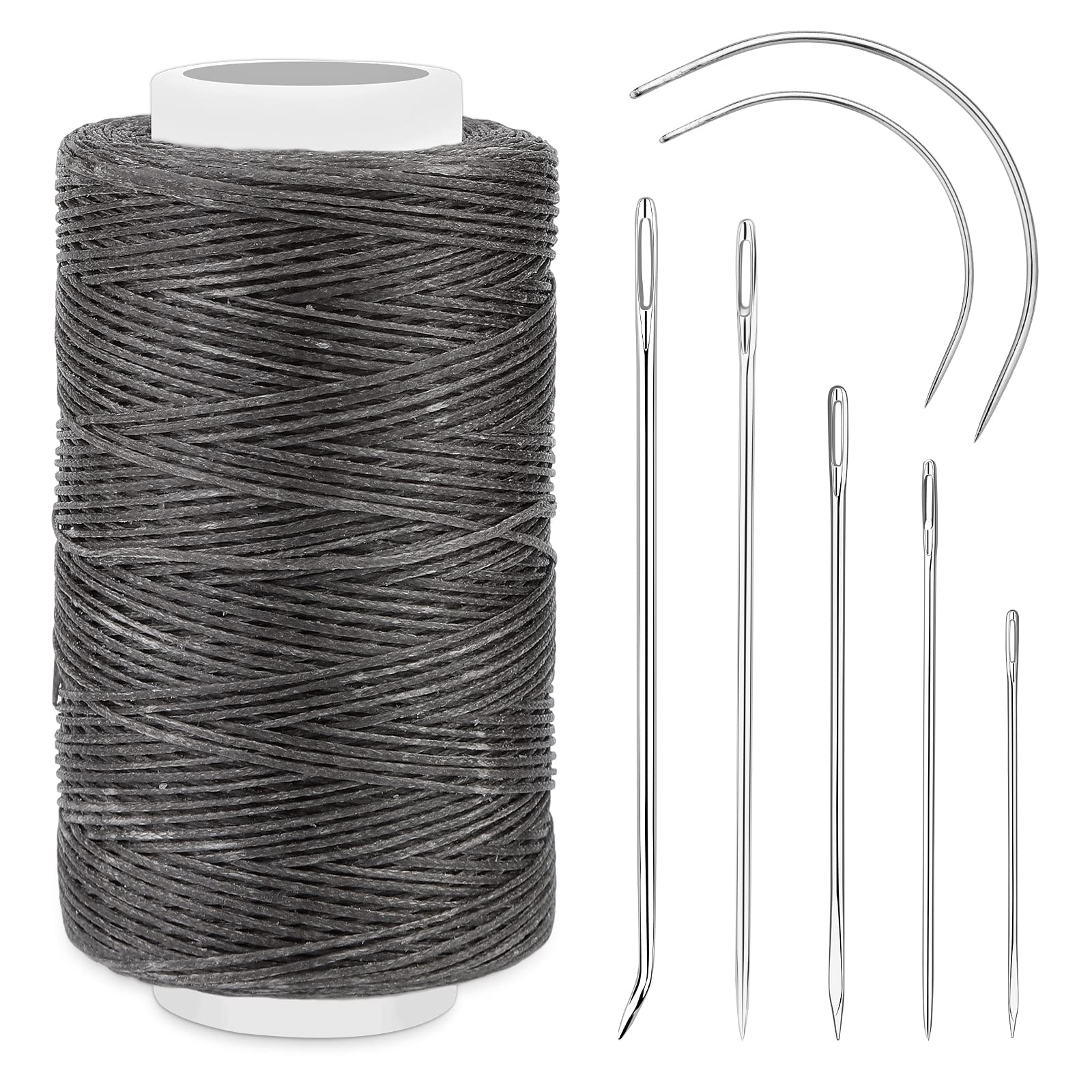 250M Waxed Thread, 150D Sewing Cord, Leather Needles - Upholstery Repair Kit for Bookbinding, Shoe Repairing, Leather Projects - Dark Grey