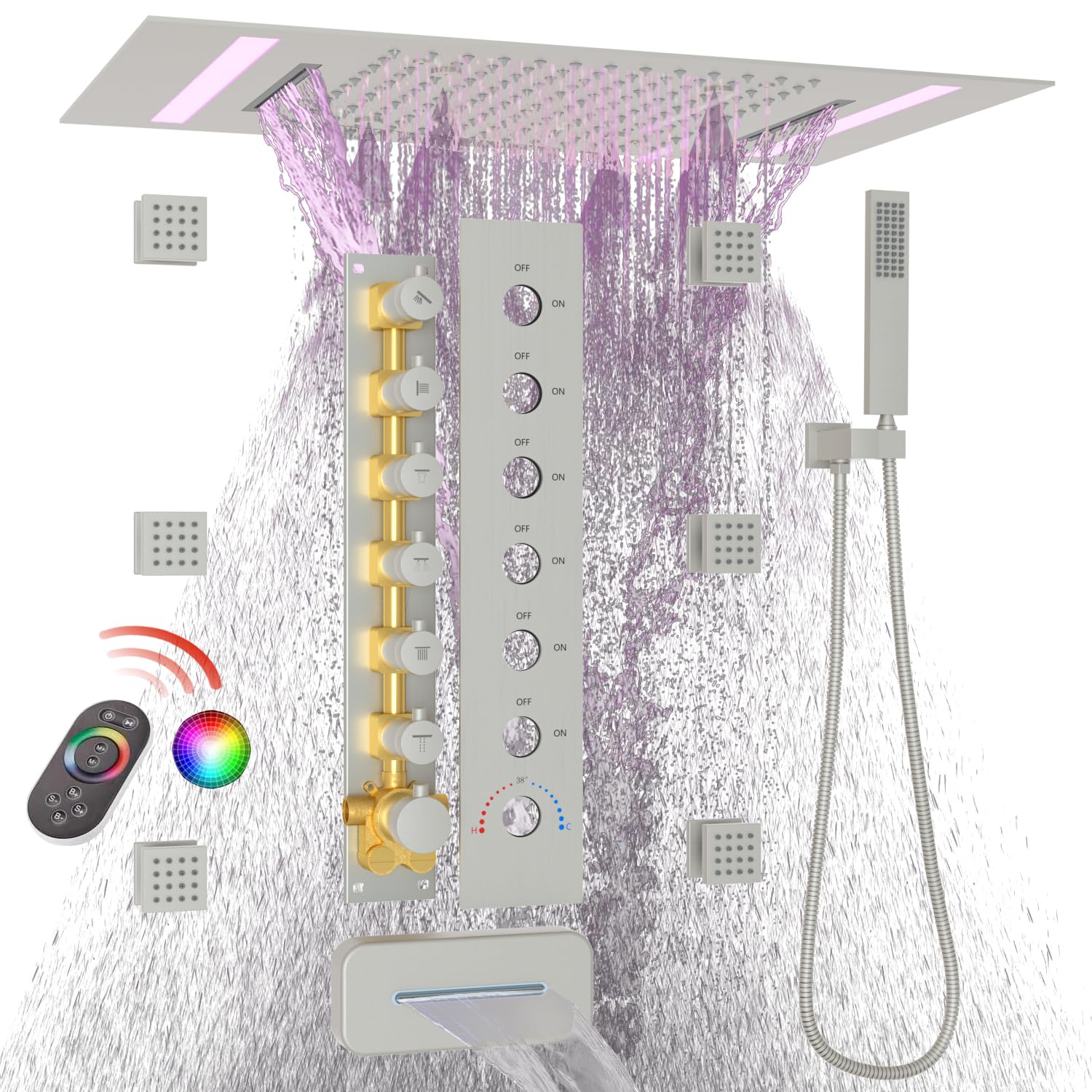 Photo 1 of HOMEDEC LED Multi Functions Full Body Shower System with 6pcs Body Jets Spray with?Up/Down?Shower Spout, Large 3 In 1 Functions 14x20inch Showerhead, Rainfall Mist Shower Faucet Set, Brushed Nickel