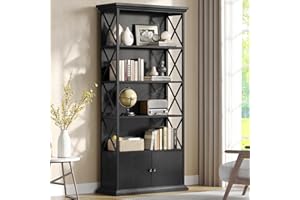 GOLDDAY 5-Tier Tall Bookcase with Doors, 174 cm Industrial Bookshelves with Cabinet, Floor Standing Display Storage Shelves w