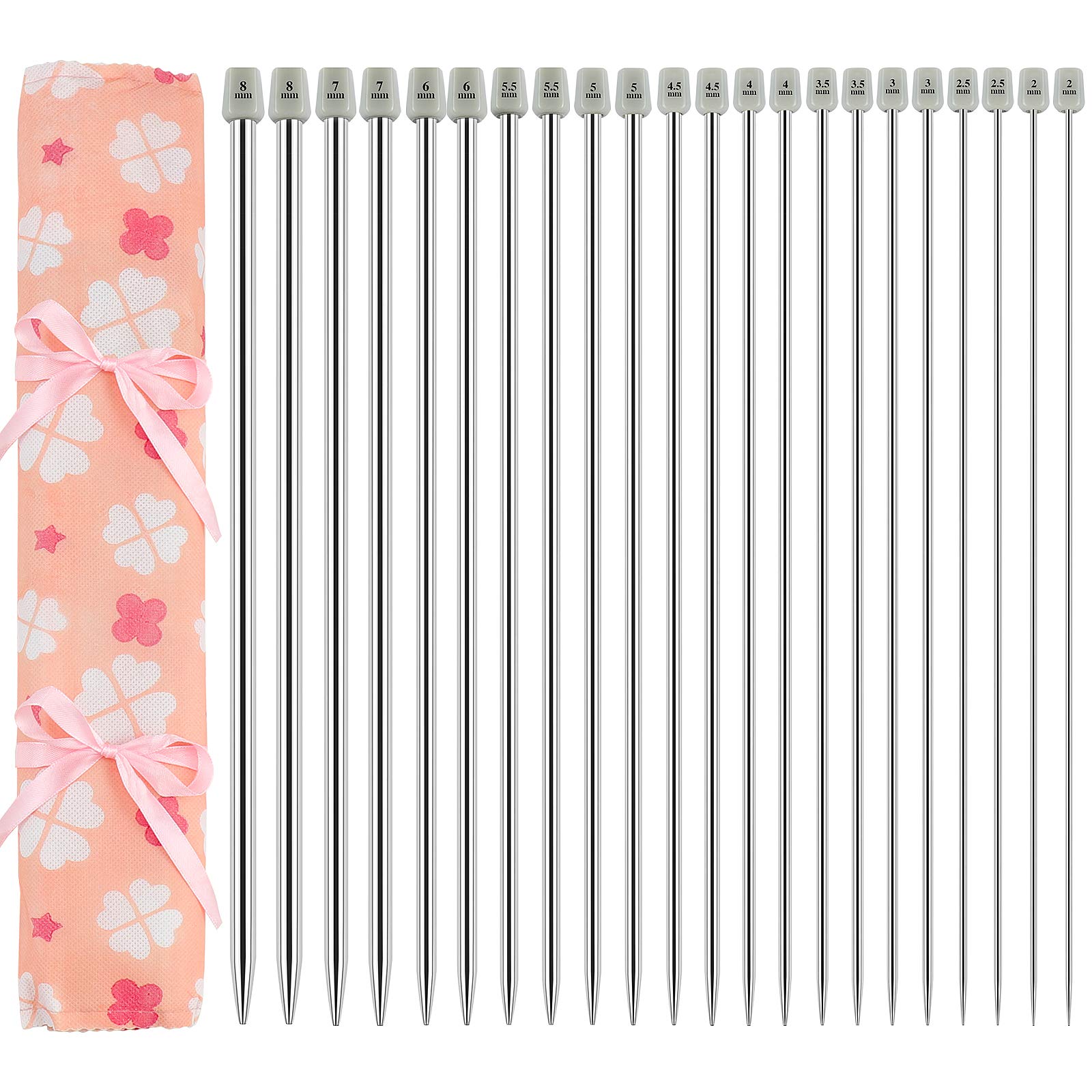 22pcs Knitting Needles Set, Hysagtek 14" Single Pointed Needles Stainless Steel Sweater Straight Long Needle with Storage Bag, 2.0 to 8.0mm (11 Pairs,11 Sizes)