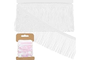 Swpeet 5 Yard × 4 Inch White Fringe with Sequin Trim, Fabric Fringe, Chainette Trim, Tassel, Sewing Fringe Trim for Clothes A