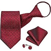 DiBanGu Silk Zipper Ties for Men,Paisley Solid Plaid Pre-tied Tie and Pocket Square Cufflinks Set Formal Adjustable Necktie