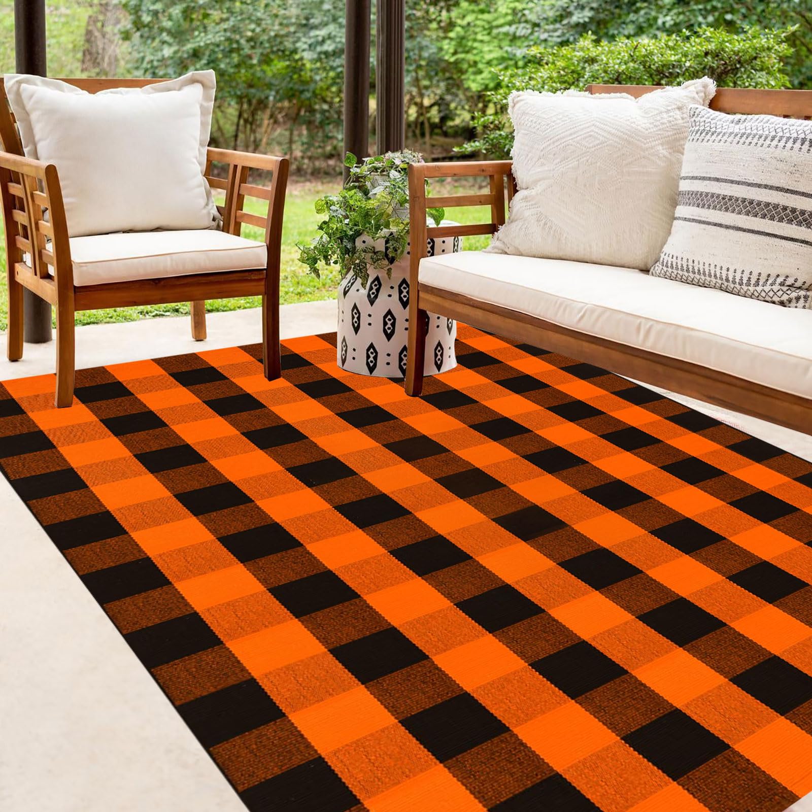Buffalo Plaid Outdoor Rugs, 4' x 6' Orange and Black Checkered Indoor/Outdoor Area Rug, Layering Rug for Hello/Welcome Door Mat, Washable Cotton Woven Farmhouse Mat for Fall Front Porch Décor