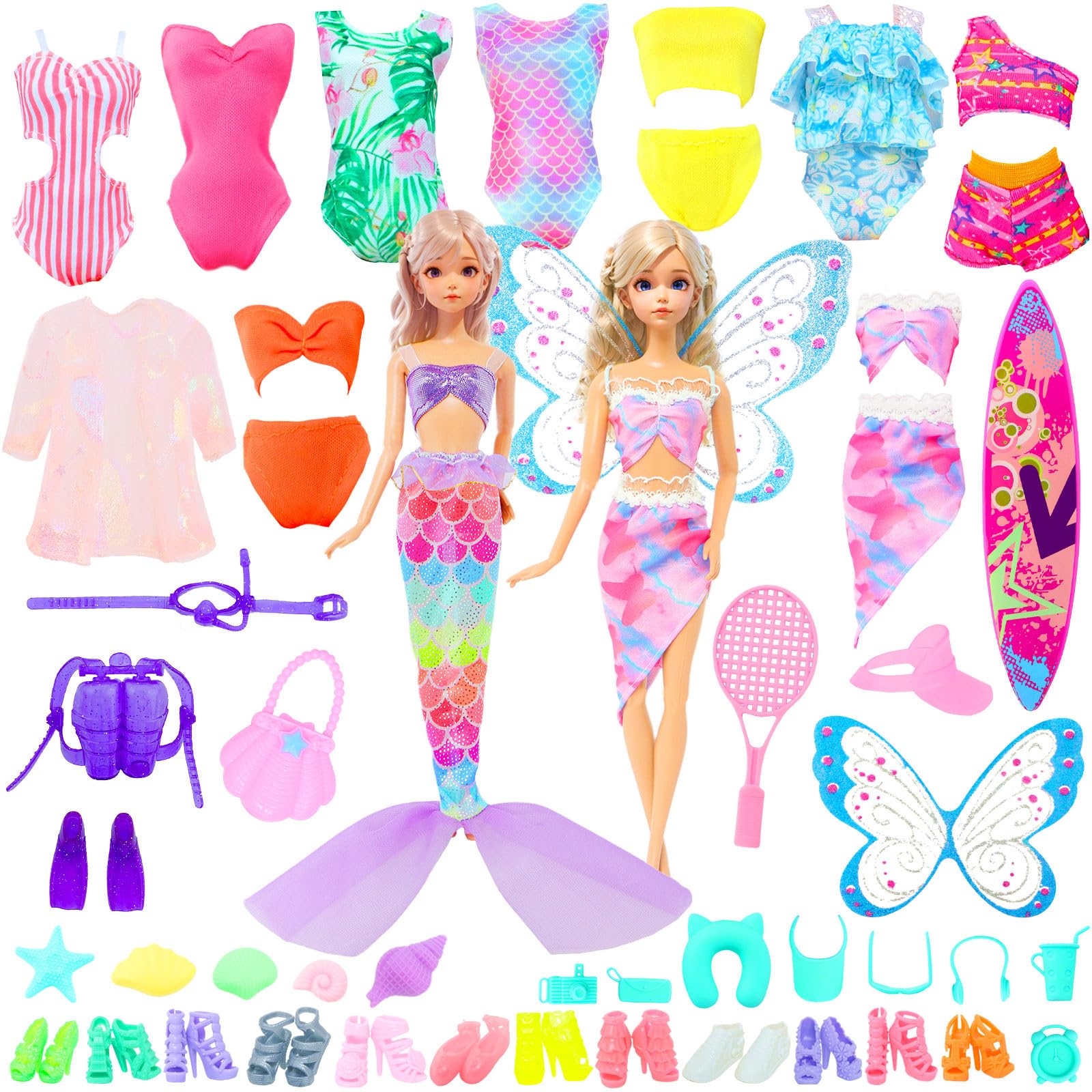 Photo 1 of 40 Psc Doll Swimsuits Set, Bikini Clothes and Accessories for 11.5 inch Girl Doll Beach Bathing Outfits, Fishtail Skirt, Beach Chair, Skateboard, 10 Pairs Shoes, Diving Suit and More