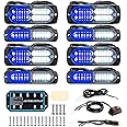 BooYu 8-pcs Sync Feature LED Emergency Strobe Lights Ultra Slim Grille Surface Mount Flashing Warning Hazard Light Bar w/Controller for Construction, Firefighter, Trucks, Vehicles, Car (Blue/White)