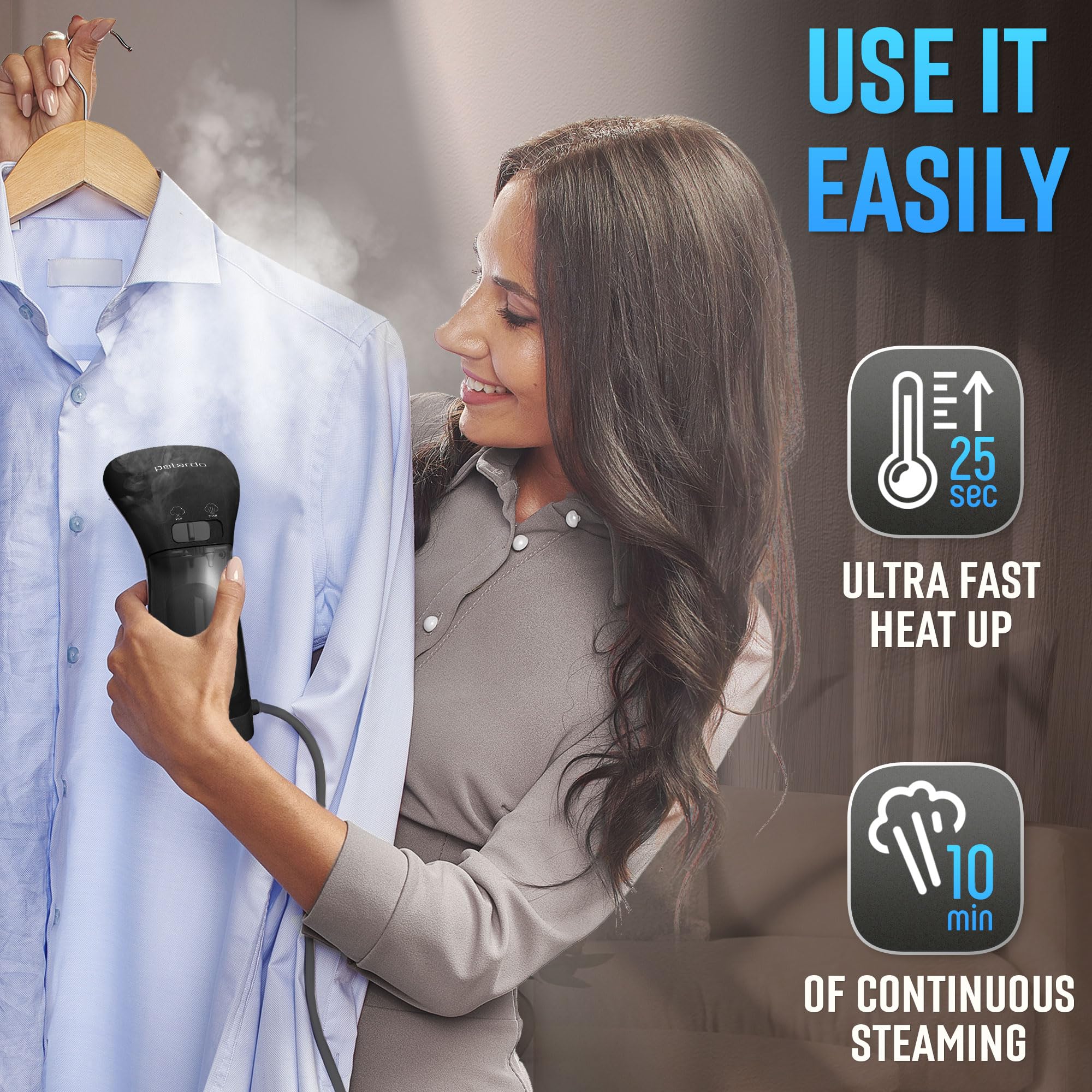 Steamer for Clothes for Europe 220V, Handheld Portable Travel Garment Steamer, Metal Steam Head, 25s Heat Up, Pump System, Mini Size, Hand Held Steamer for Any Fabrics, Black