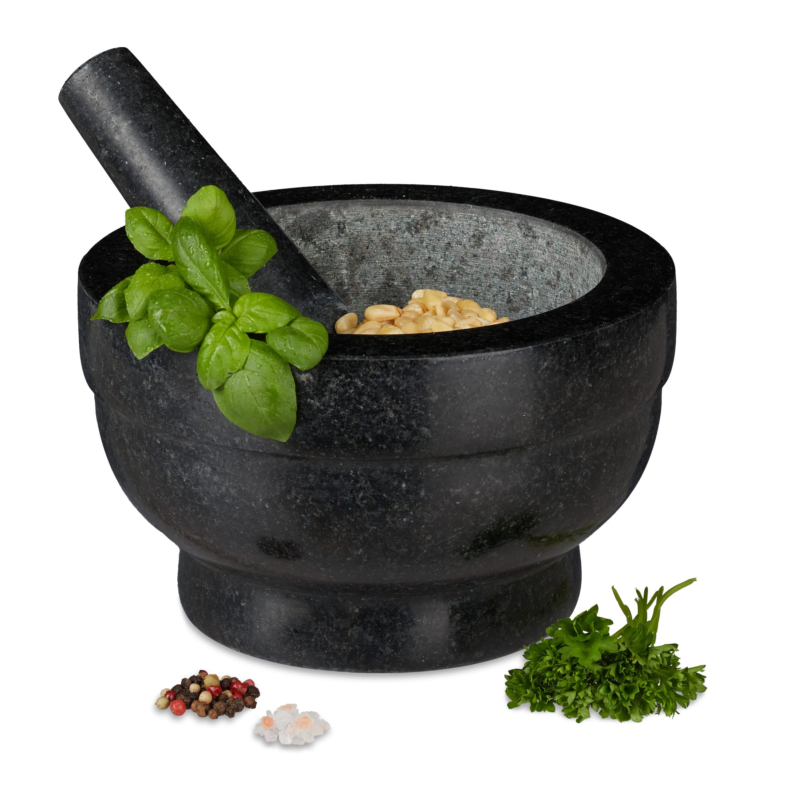Relaxdays Mortar with Pestle, Spices, Herbs, Polished Stone Mortar, Ø 20 cm, Vol. 1 L, Granite, Black