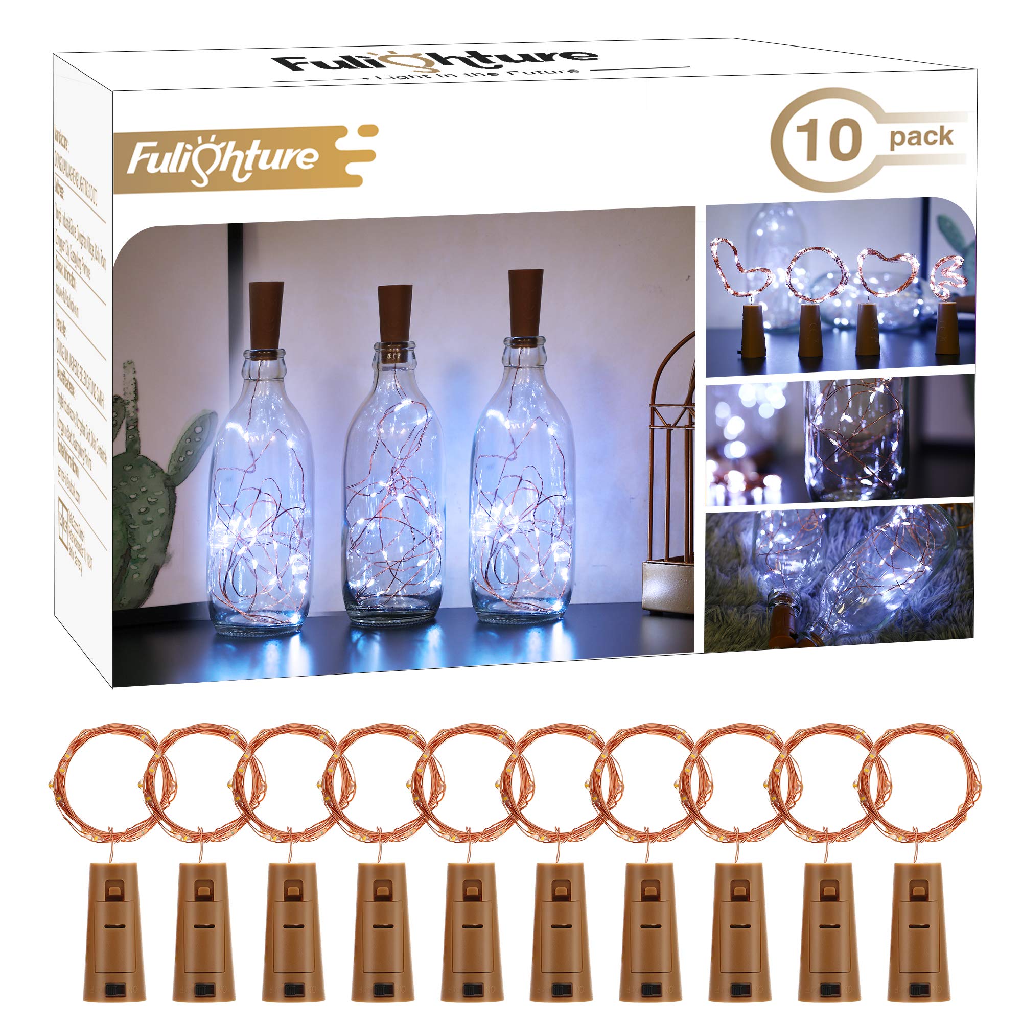 Bottle Lights with Cork, 10 Pack Copper Wire with 20 LEDs 2M LED String Lights, Battery Operated Wine Glass Fairy Lights, for DIY Bedroom Party Decor Wedding Birthday Festival Christmas, Cold White