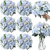 Geosar 6 Bundles Peonies Artificial Flowers Fake Hydrangea Silk Faux Chrysanthemum Ball Daisy Flowers Bouquet for Wedding Party Florals Arrangements Vase Table Centerpiece Decor(Blue, White)
