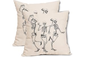 APORTT Halloween Skull Pillow Covers 18X18 Inch Set of 2 Funny Skeleton Decorative Square Pillow Cases Vintage Pillow Covers Cotton Linen Cushion Case Autumn Home Decor For Couch Sofa Patio Porch Outdoor