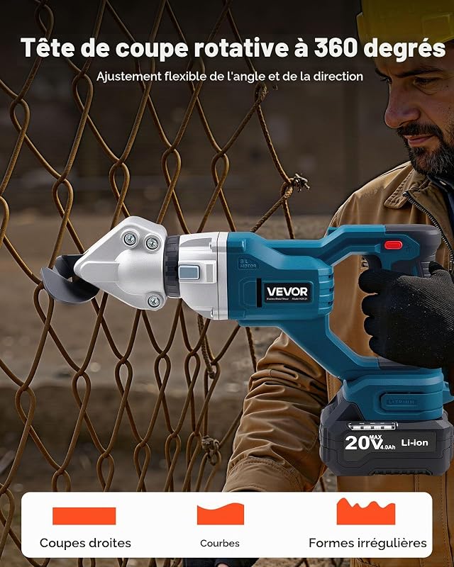 Cisaille à Tôle Électrique, 20 V CC, Cisaille à Métaux sans Fil avec Tête Pivotante 360°, Double Lame, pour Acier Galvanisé 1,22 mm, Acier Inoxydable 1 mm, Aluminium, Plastique, Carton, 2800 SPM