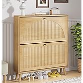 Fsbecl Shoe Storage Cabinet for Entryway with 2 Flip Drawers, Narrow Wood Shoe Cabinet with Fluted Panel, Freestanding Hidden Shoe Organizer for Foyer, Hallway (Wood Color - No Shelf)