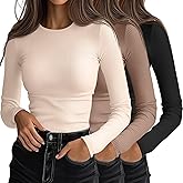 Ficerd 3 Pack Women's Ribbed Long Sleeve Tops, Crew Neck Slim Fit Undershirts Knit Basic Casual Stretch Layering Tee Shirts