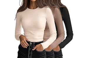 Ficerd 3 Pack Women's Ribbed Long Sleeve Tops, Crew Neck Slim Fit Undershirts Knit Basic Casual Stretch Layering Tee Shirts