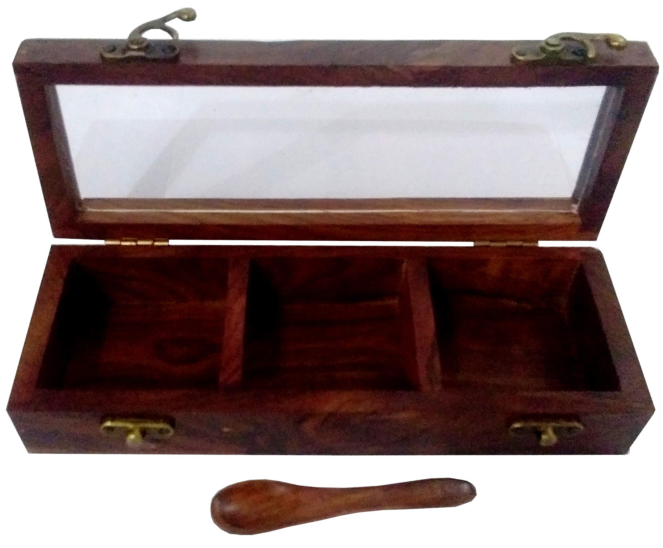 Purpledip Wooden Box: 3 Compartment Case with Transparent Cover - Ideal for Spices, Jewelry, or Trinkets (11872)