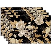 Gothic Floral Placemats Set of 4, 12x18 Inch Retro Vintage Witchy Dark Flower Skull Garden Boho Farmhouse Holiday Coffee Table Mats for Party Kitchen Dining Decoration