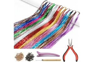 ONROCL Hair Tinsel Kit with Tools and Instruction Easy to Use 12 Colors 2400 Strands 47 Inches Glitter Tinsel Hair Extensions for Women and Girls, Sparkling Shinny Fairy Hair Accessories for Christmas New Year Halloween Cosplay Party