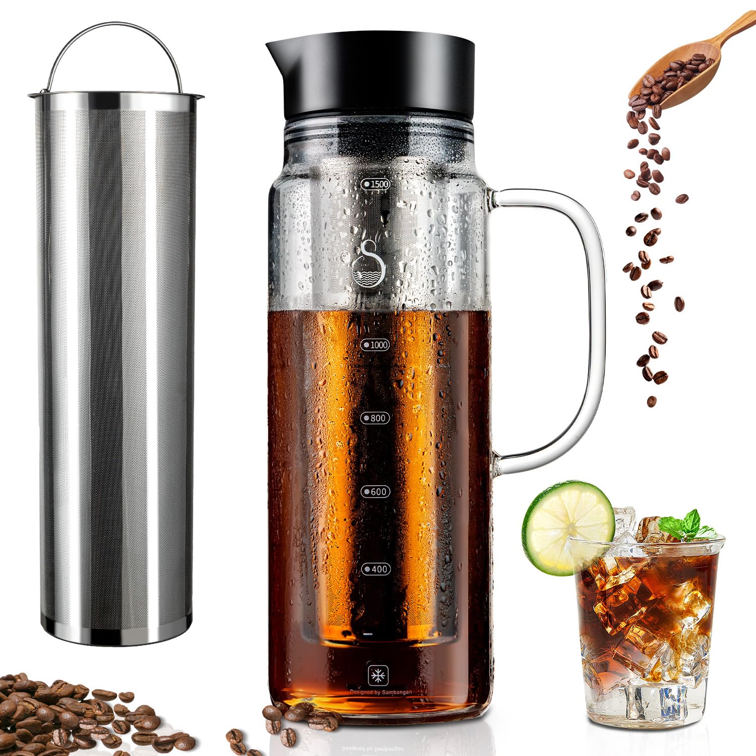 SAMBANGAN Cold Brew Coffee Maker Glass Pitcher with Stainless Steel Double Mesh Filter (1500ml)
