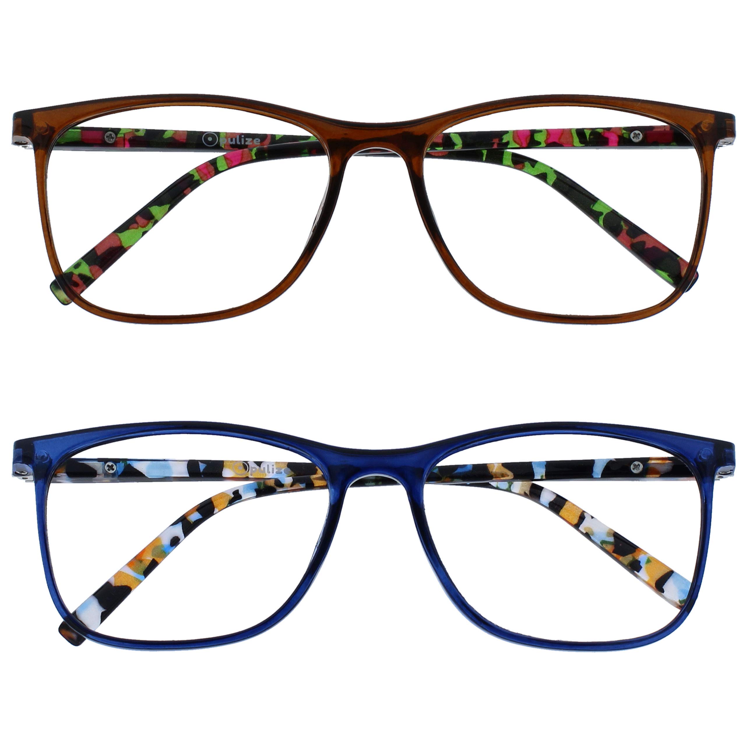 OPULIZE Arc Reading Glasses 2 Pack Stylish Slim Square Frame Spring Hinges Scratch Resistant Brown Blue Patterned Arms Mens Womens RR66-23 +1.00