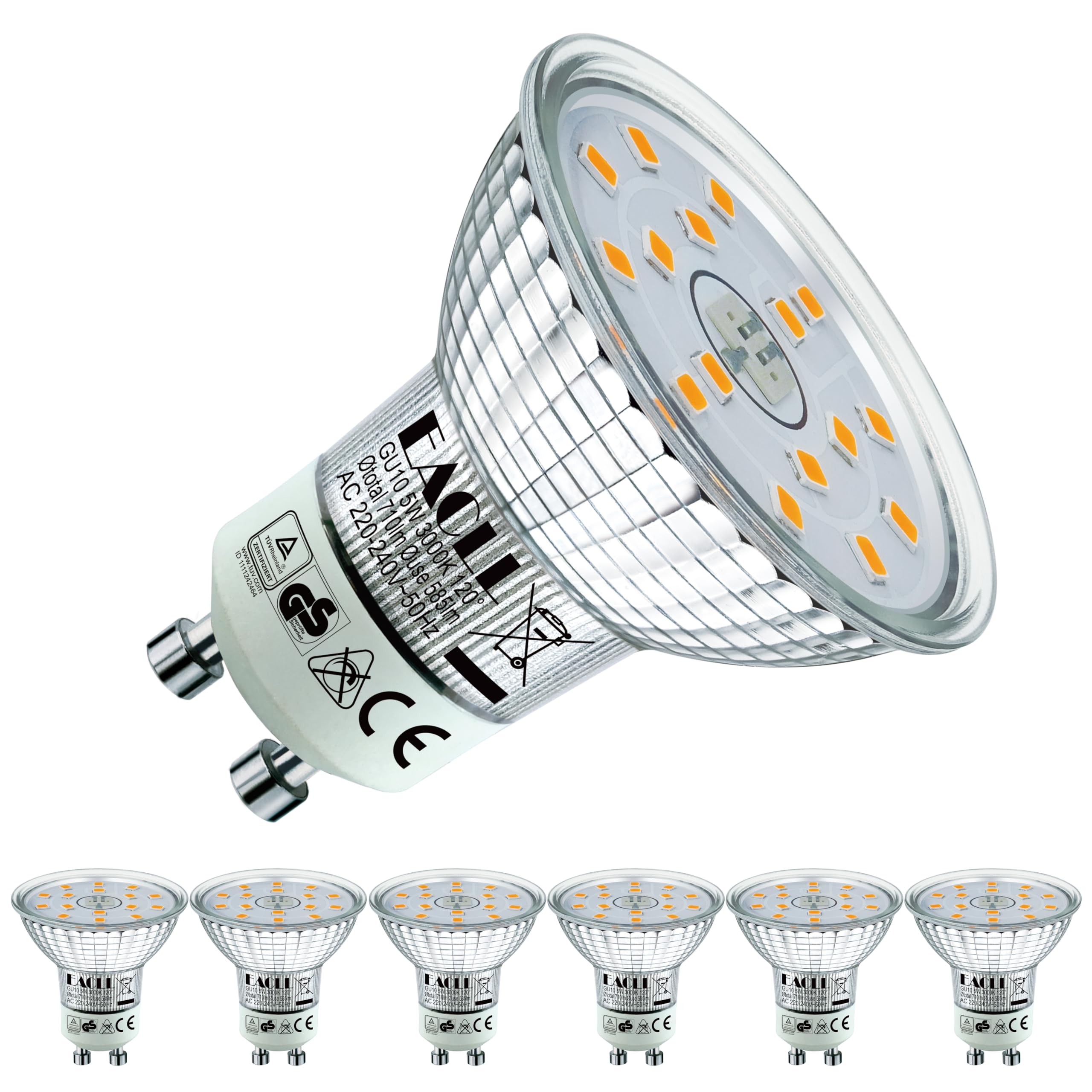 EACLL GU10 LED Warm White 5W Replaces 75W Halogen Bulb, Pack of 6. 585 Lumen 3000K Bulbs, AC 230V Flicker-Free Spotlight, Beam Angle 120° Spot, Non-Dimmable Reflector Lamp