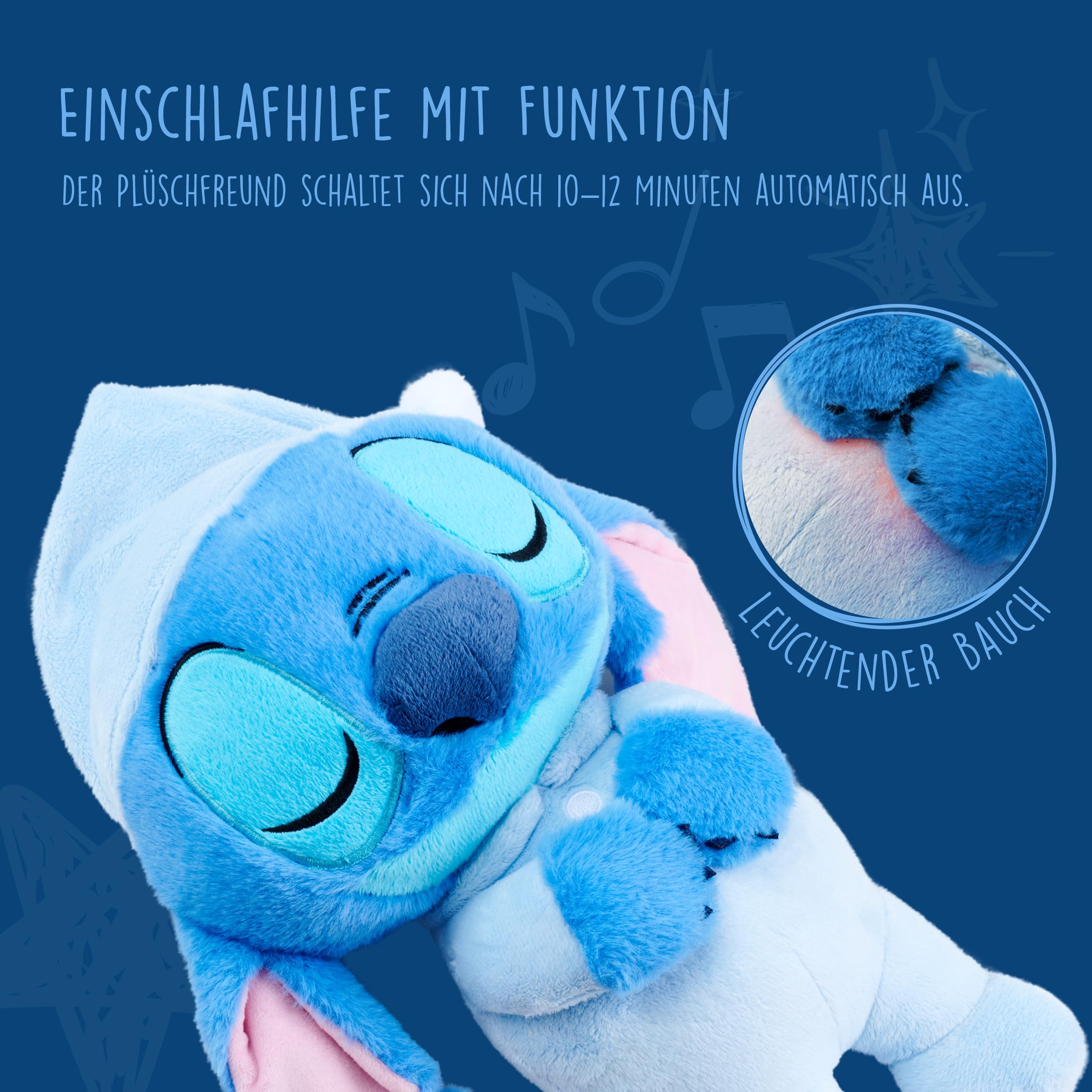 Simba Stitch Plüschtier mit Sound, 31 cm, liegend mit Schlafanzug, Atmung, Licht und entspannende Musik, geeignet ab 0 Monaten, offizielles Disney-Lizenzprodukt 3