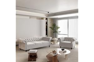 ORRD 2 Piece Living Room Set, Velvet Chesterfield Sofa Couch Chair with Scroll Arms and Nailhead for Living Room, Office (Grey)