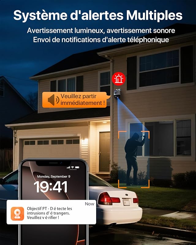 CH9 Caméra Surveillance WiFi Extérieure Double Objectif 2K+2K, Wi-FI 6 PTZ 360°, Mode Patrouille, Vision Nocturne Couleur, Alarme Sonore/Lumineuse, Détection Humaine/Véhicule, IP65