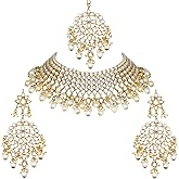 Aheli White Pearl Faux Kundan Choker Necklace with Earring Maang Tikka Indian Traditional Bollywood Ethnic Bridal Jewelry Set Gift for Women