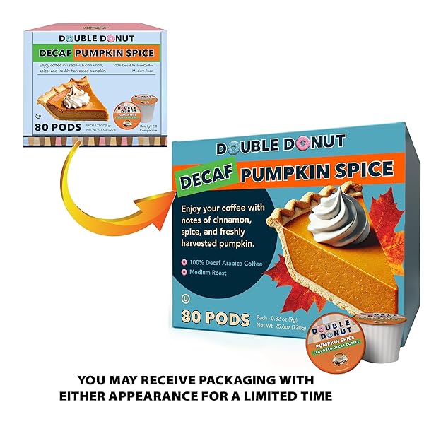 DOUBLE DONUT COFFEE MEDIUM ROAST DECAF COFFEE PODS, PUMPKIN SPICE FLAVORED, FOR KEURIG K-CUP MACHINES, 80 SINGLE-SERVE CAPSULES PER BOX