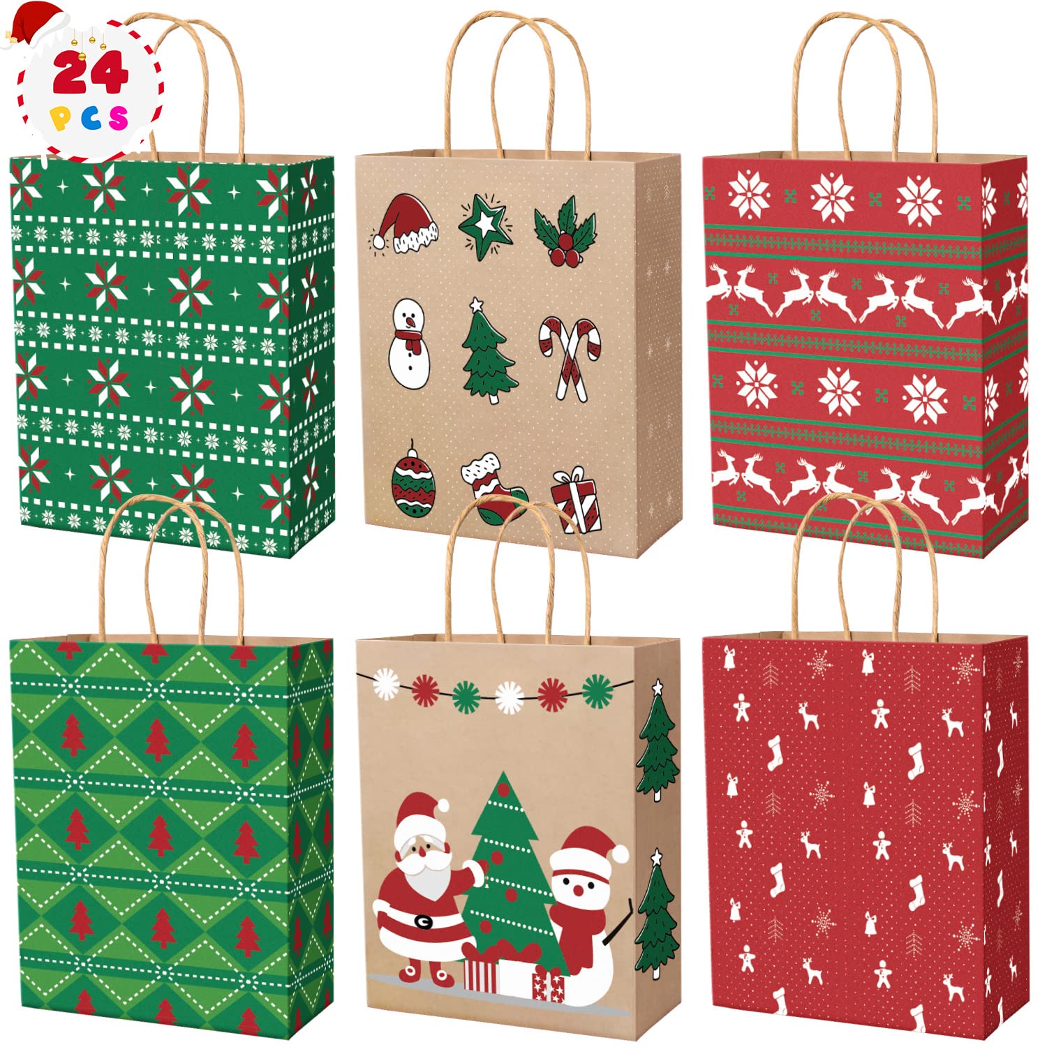 24PCS Christmas Bags - Brown Kraft Paper With Handles, 27 x 21 x 11 cm, Medium Gift Bags for Presents, Xmas Party Multipack