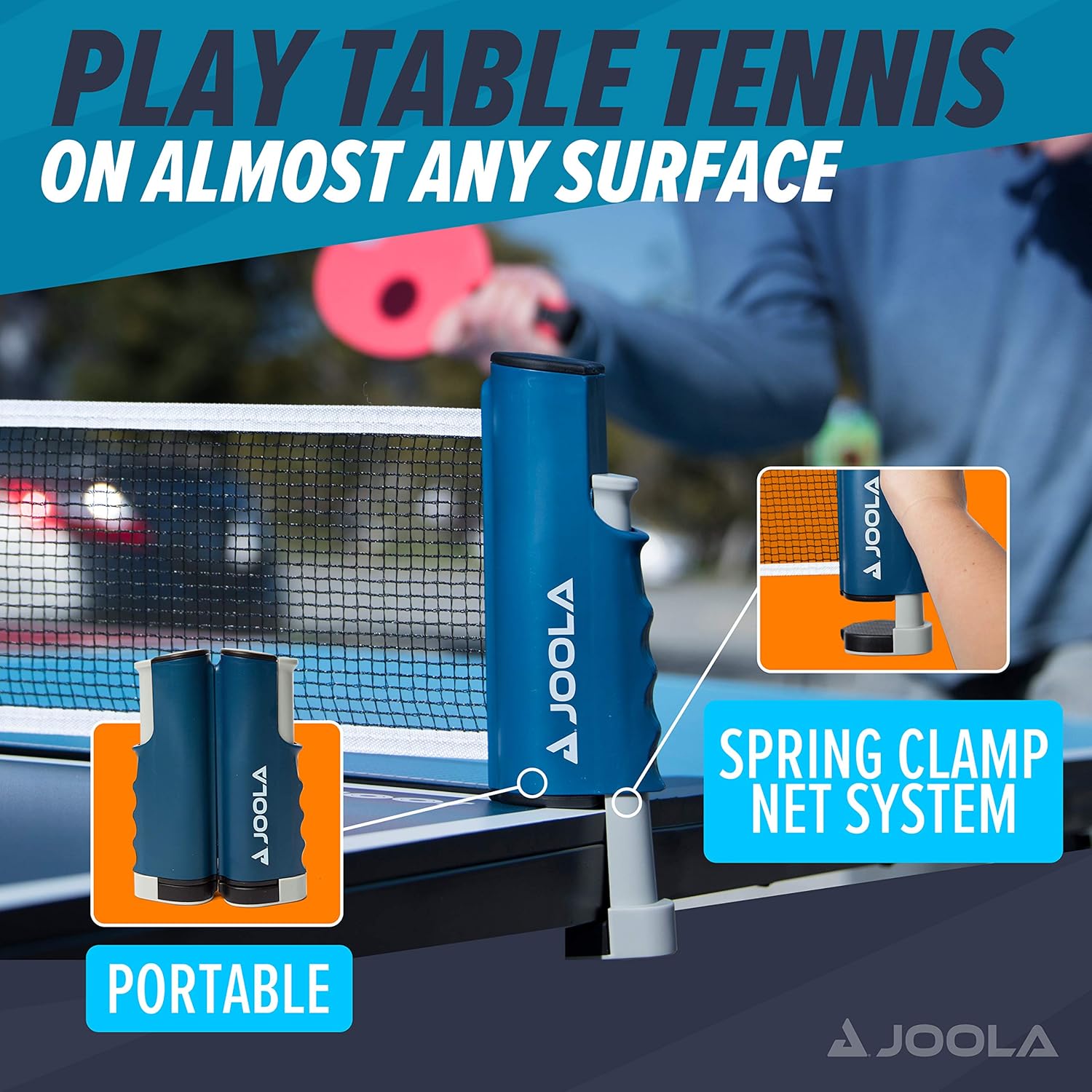 JOOLA Retractable Portable Table Tennis Net and Post Set - Ping Pong Net for Any Table - Adjustable Length Net Stretches 5.75 Feet & Clamps to Any Table Up to 2 Inches - Indoor & Outdoor Ping Pong Net : Sports & Outdoors