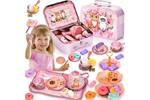Lajeje 52-Piece Pretend Play Tea Set for Little Girls, Gift for Age 3 4 5 6 Year Old, Toddler Toys Party Set for Kids, Desserts & Metal Carrying Case, Birthday, Stocking Stuffers for Kids