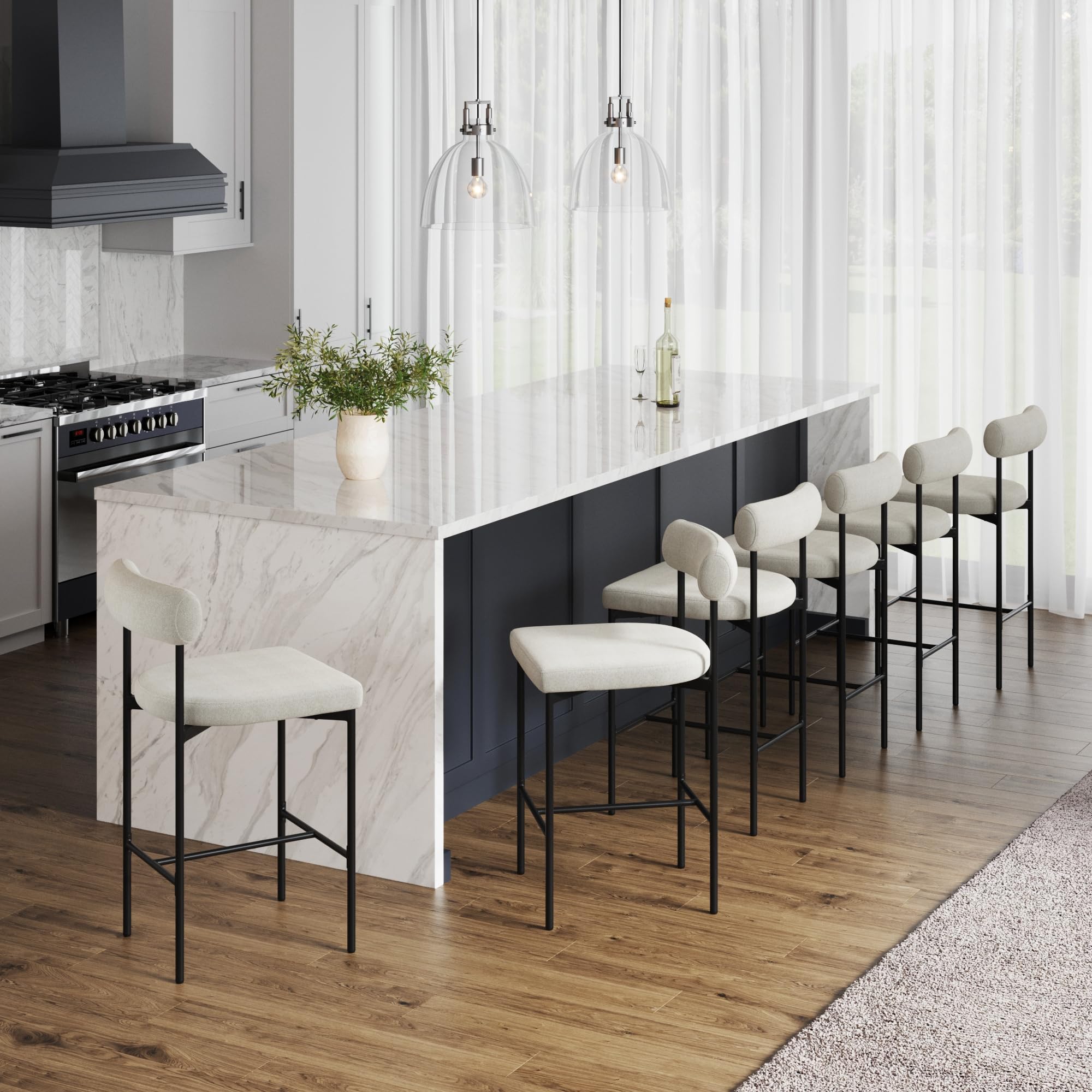 Nathan James Dahlia Counter Height Chair, Boucle Upholstered Modern Barstool with Back, Mid-Century Metal Legs and Padded Cushion for Kitchen, Island and Bars, Light Cream Boucle/Black, Set of 6