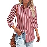 Striped Button Down Shirts for Women Cotton Dress Shirt Long Sleeve Collared Blouse Tops Business Office Attire