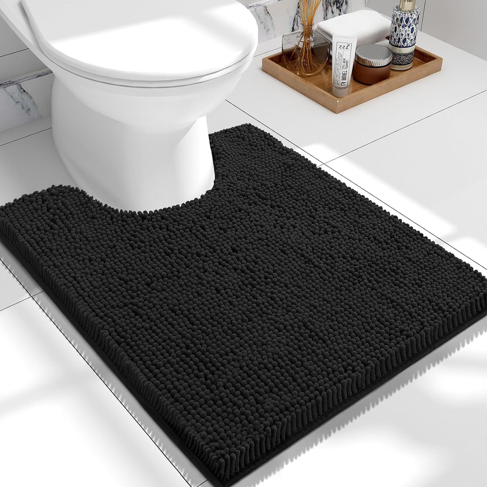 smiry Non-Slip Toilet Mat Extra Soft Absorbent Pedestal Mat for Toilet Thick Shaggy Chenille Bath Mat Machine-Washable Dry Bathroom Floor Mat, 50 x 60 cm, Black