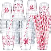 Yaomiao 100 Pcs Valentine's Day Pink Bow Plastic Cups 12oz Disposable Clear Galentine Pink Plastic Cups with Lids and Straw Cute Bow Cup Bulk Birthday Wedding Party Favors Supplies for Cold Beverage