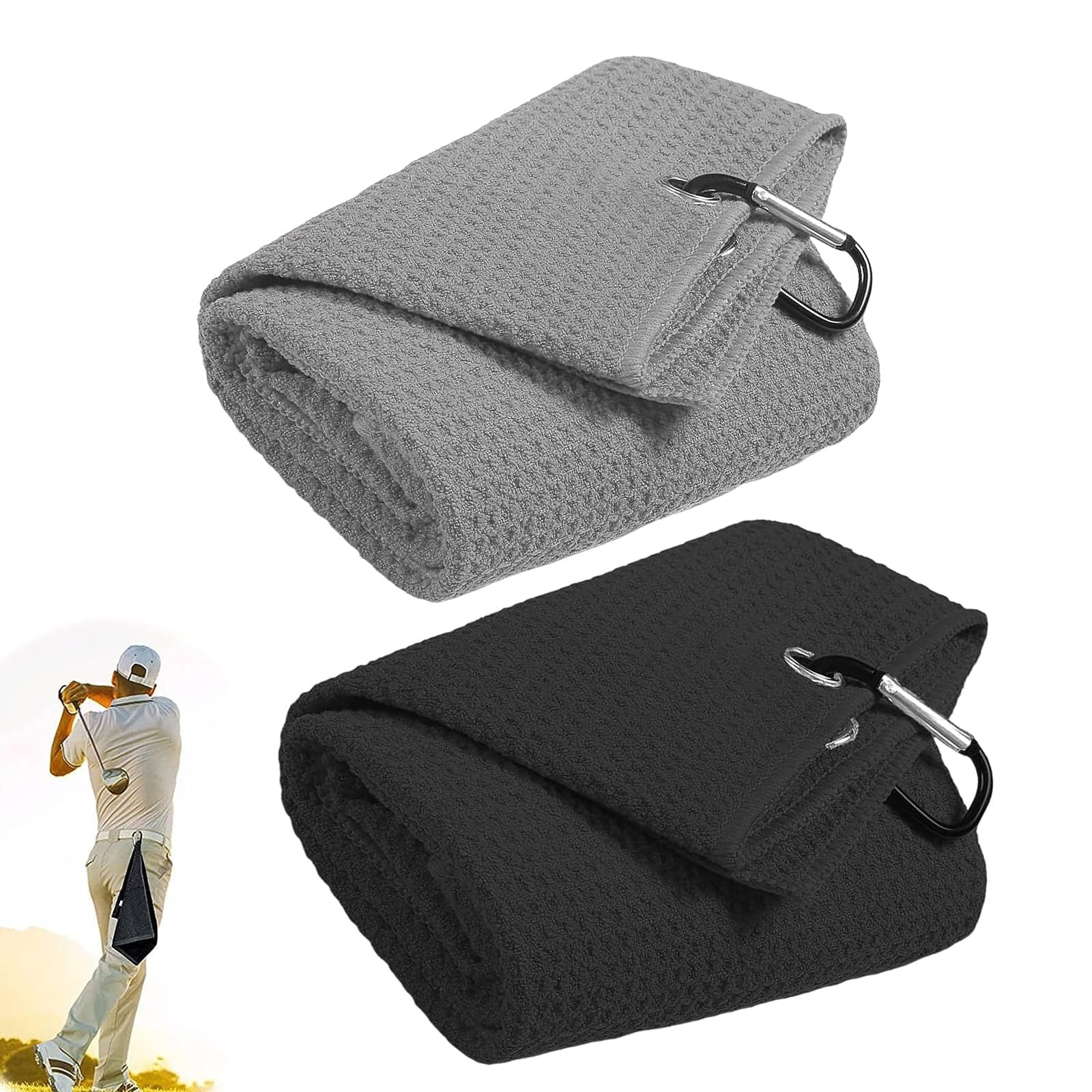 HBINGL golf towels for golf bags with clip 2pcs Microfiber Fabric Golf Bag Towel, Small Golf Towel Microfiber Fabric Absorbent Cleaning Towels for Golf Bags Fitness Sport Outdoor Yoga (Grey Black)