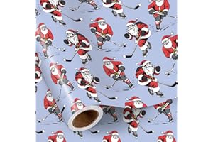 RUSPEPA Christmas Hockey Santa Wrapping Paper Roll, Mini Roll, Santa Playing Ice Hockey with Snowy, Blue Holiday Gift Wrap fo
