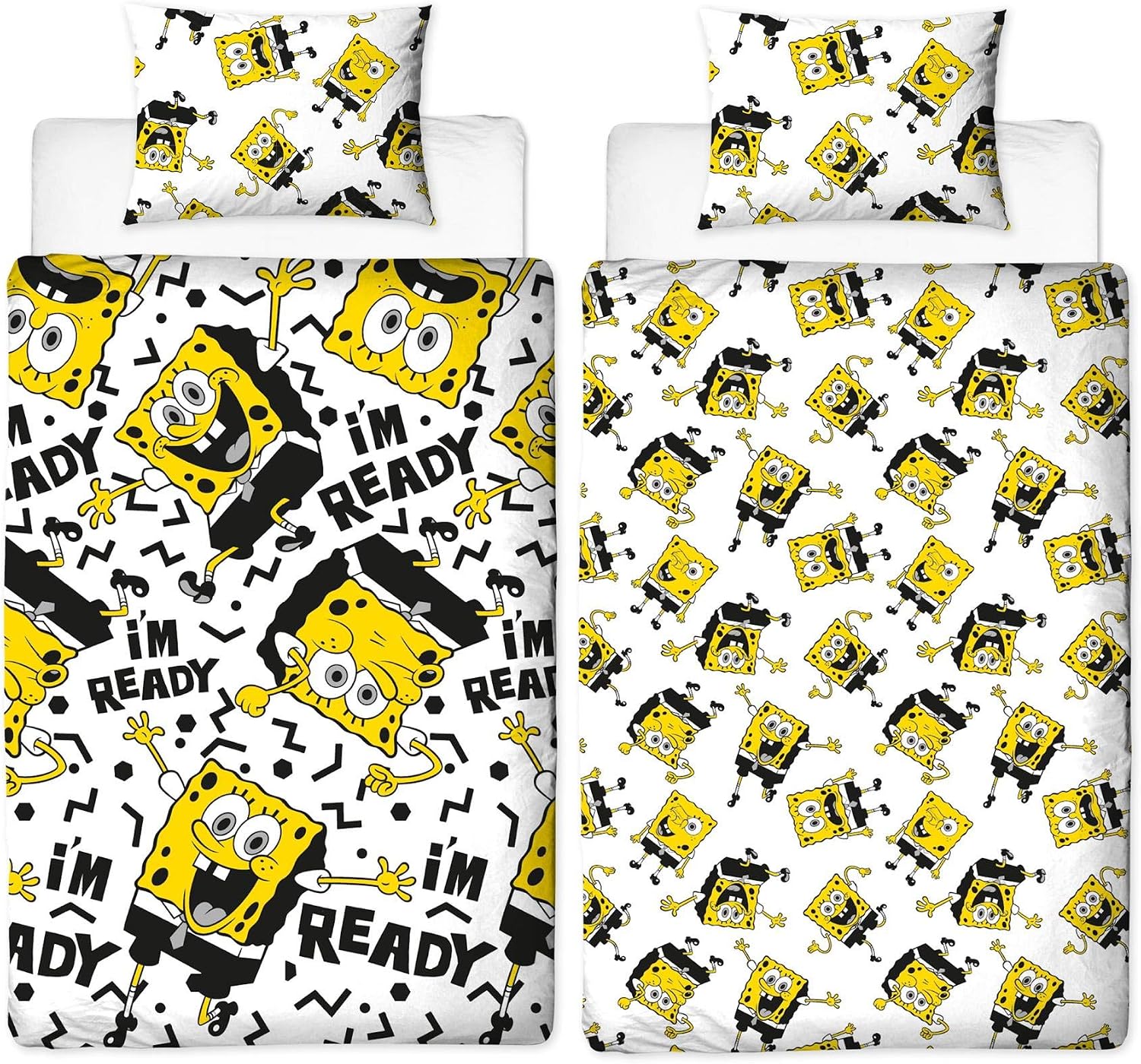 Spongebob Squarepants Single Duvet Cover - Reversible Two Sided Dash Design with Matching Pillowcase, Polyester