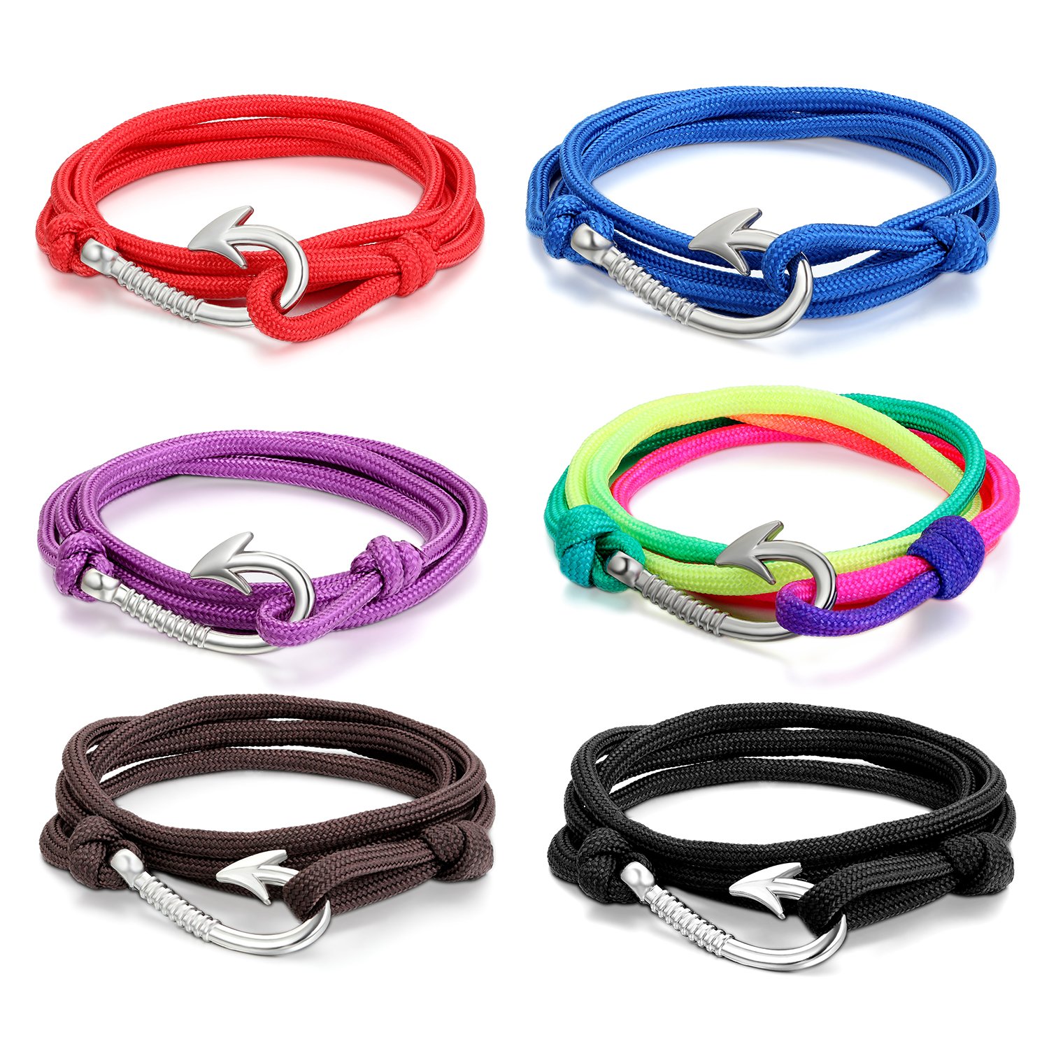 Oidea 6pcs Mens Womens Fish Hook Adjustable Multistrand Rope Wrist Bracelet,31 Inch-Wear as Anklet, Fishhook Pendant Necklace