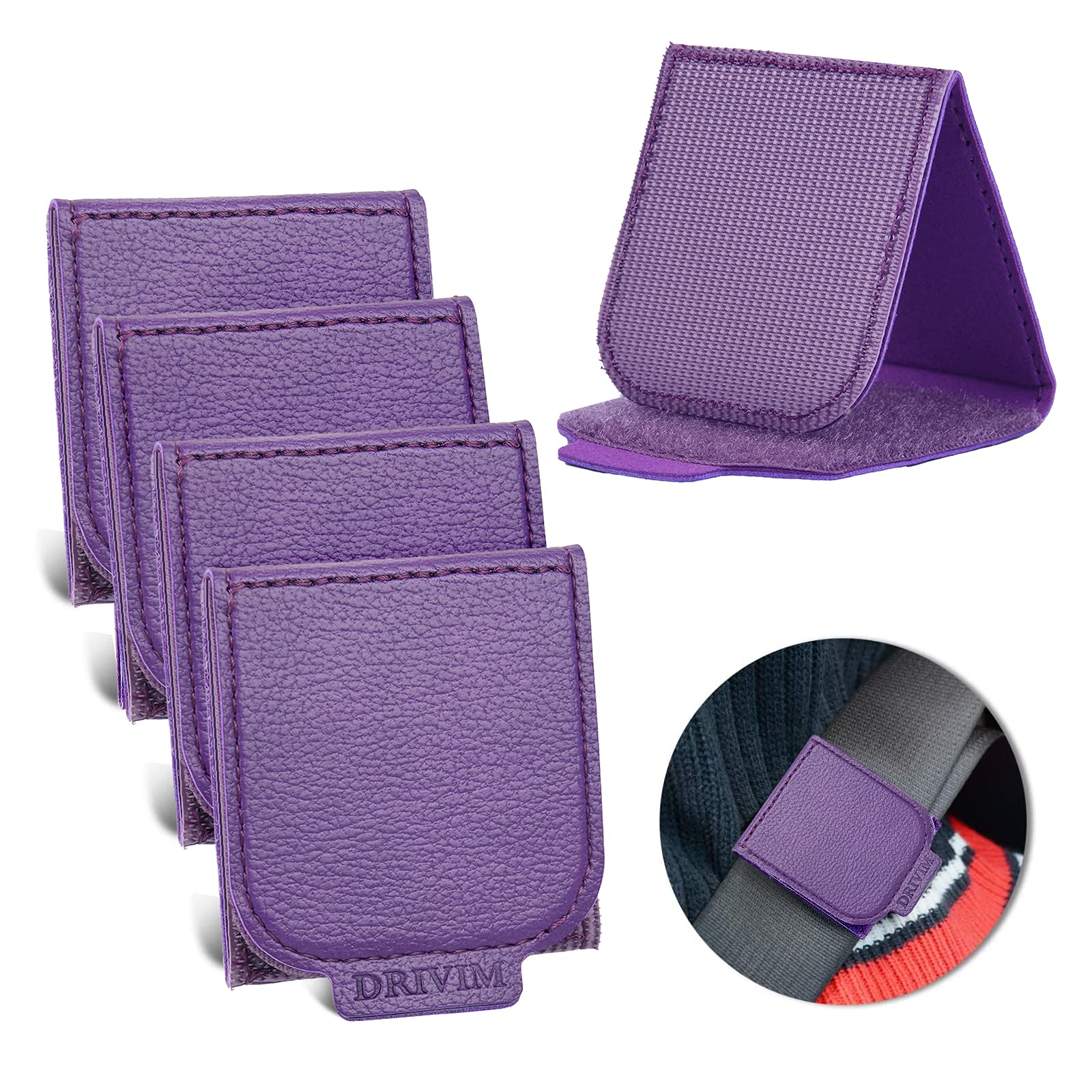 Photo 1 of DRIVIM 4 Pack PU Leather Strap Clip Pads for Car – Adjust the Distance and Relieve Pressure Between Neck and Shoulder Straps, Universal Comfort for Adults & Short People (Purple)