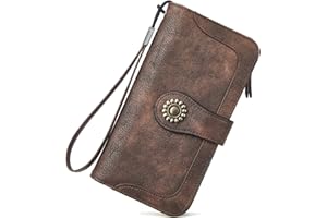 BROMEN Leather Wallets for Women RFID Blocking Large Capacity Credit Card Holder Clutch Purse Wristlet Coffee