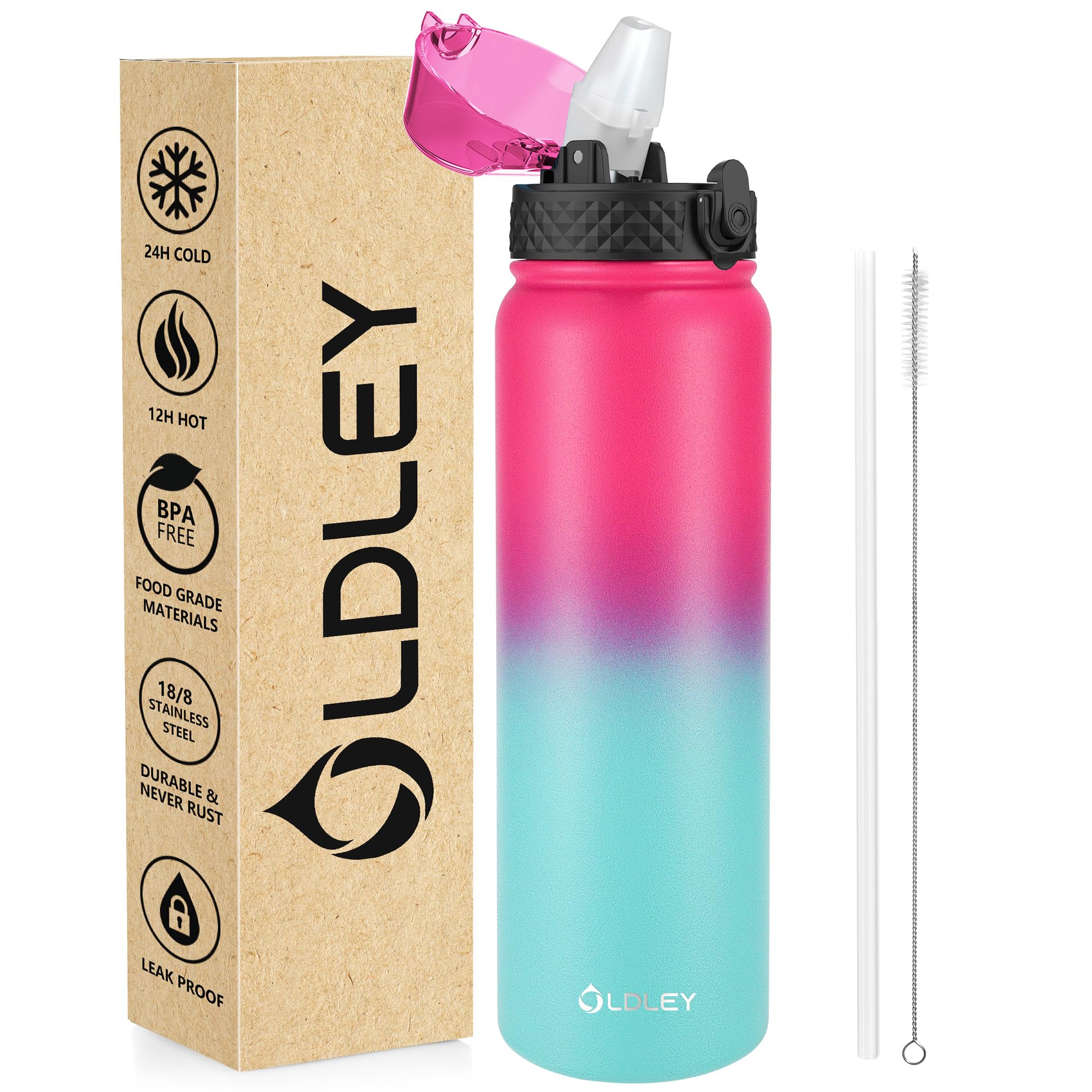 OLDLEY Stainless Steel Water Bottle with Straw 1L Vaccum Insulated Large Drink Flask Metal Water Bottles 1 Litre Leakproof Keep Drinks Hot Cold for Sports Gym Work Adult Women Men(Rose Green, 1 Lid)