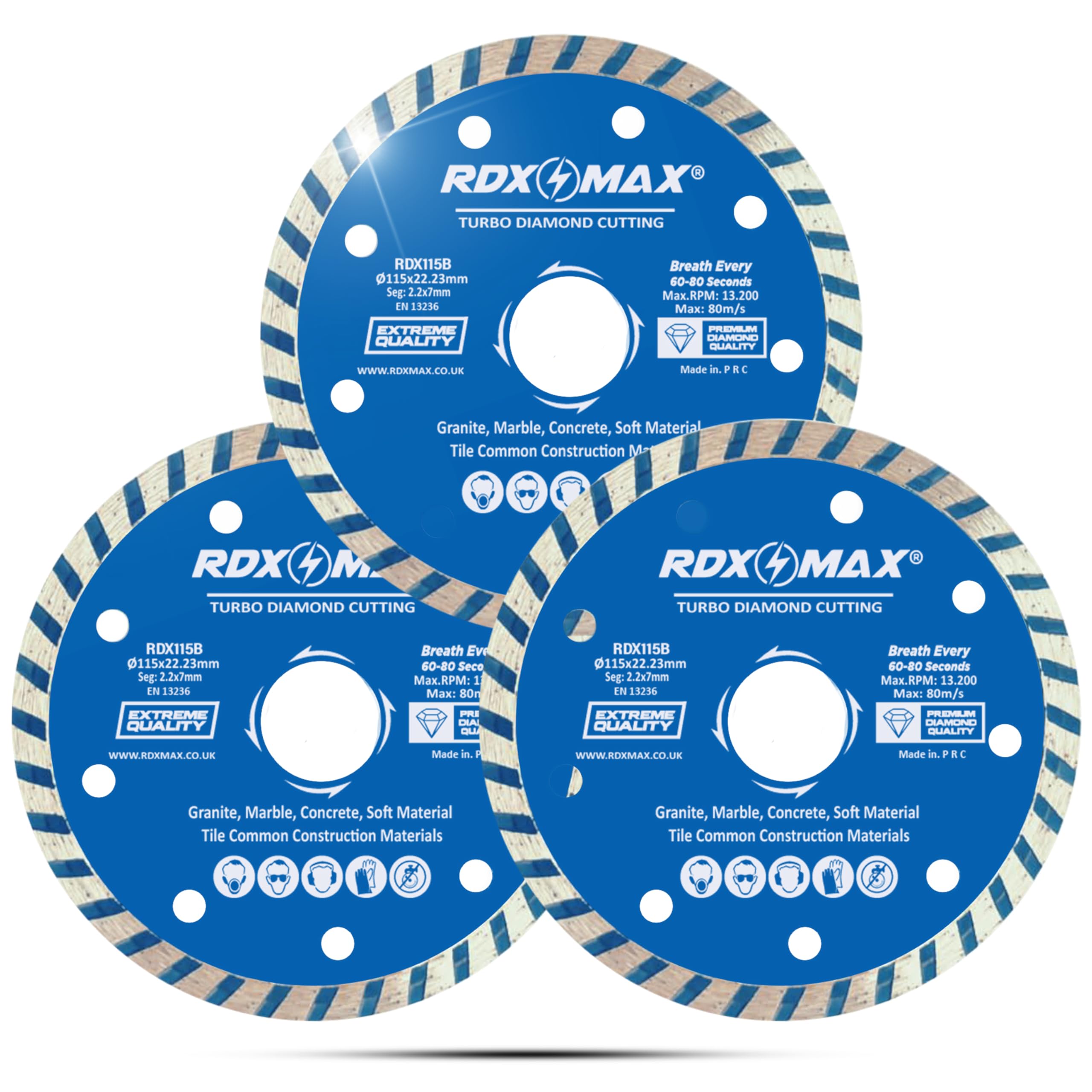RDXMAX ® 115mm Diamond Cutting Discs for Angle Grinder-Super Thin Fast,Clean Cut on Porcelain,Granite,Marble,Concrete,Tiles,Stones,Bricks & Ceramics-4.5" Wheel -Size 115 x2.2 x22.23mm- (3 Pack)