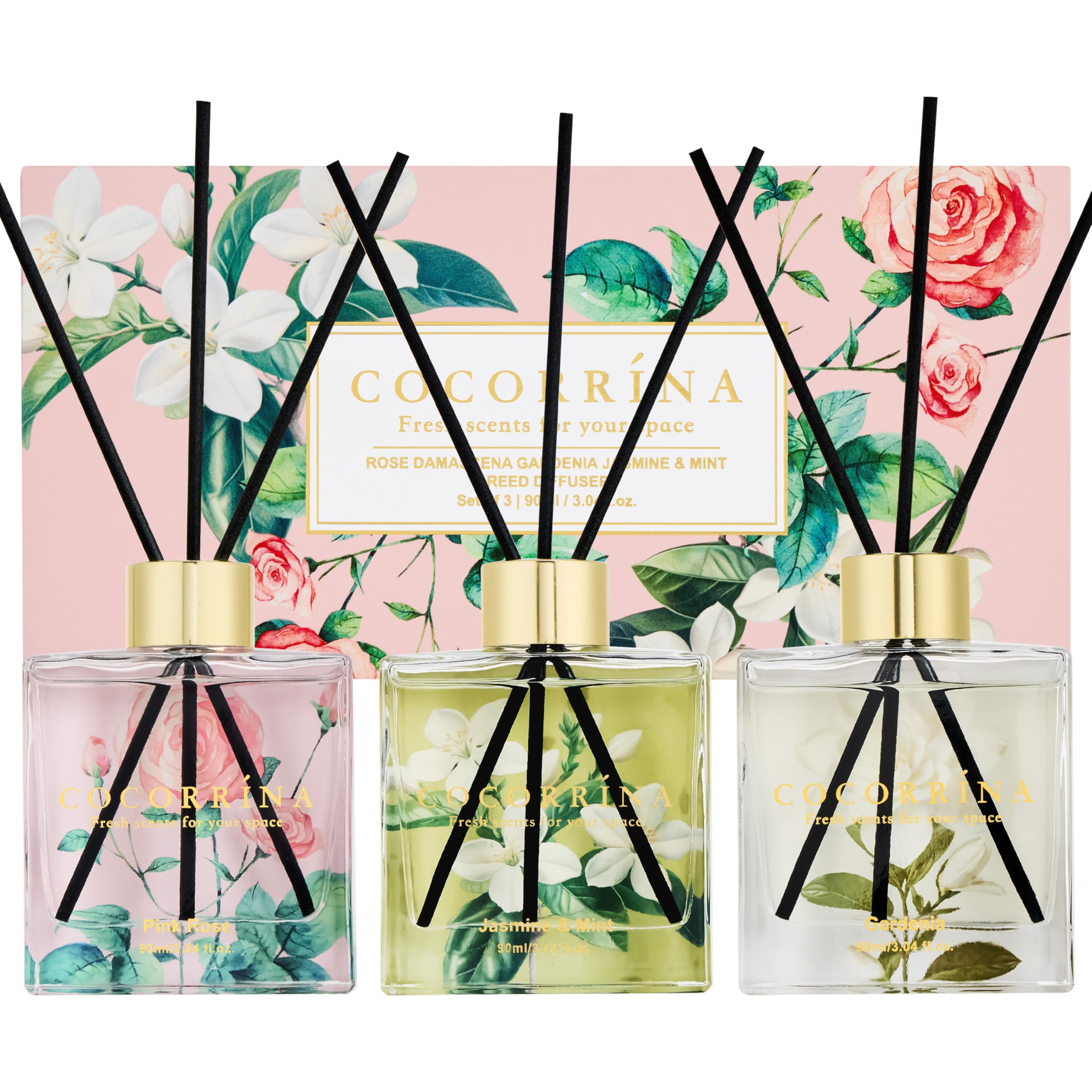 COCORRÍNA Reed Diffuser Set of 3-3 Pack/ 3.04 Fl.oz Diffuser with 24 Sticks Pink Rose/Gardenia/Jasmine & Mint, Reed Diffuser for Home Bathroom Office Decor